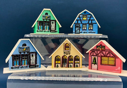 5 Vintage 1960’s Christmas Putz Illuminated Swiss Village Houses /b