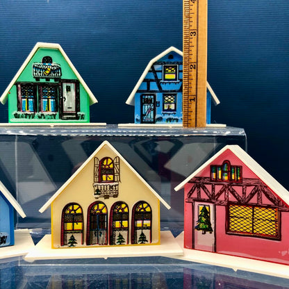 5 Vintage 1960’s Christmas Putz Illuminated Swiss Village Houses /b