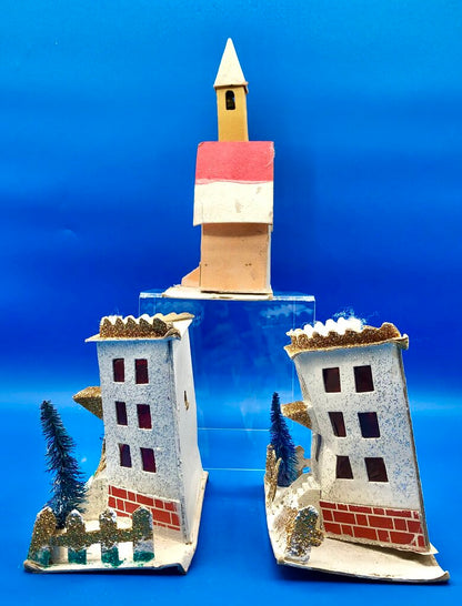 3 Vintage Lg Putz Japan Christmas Tree Houses /b