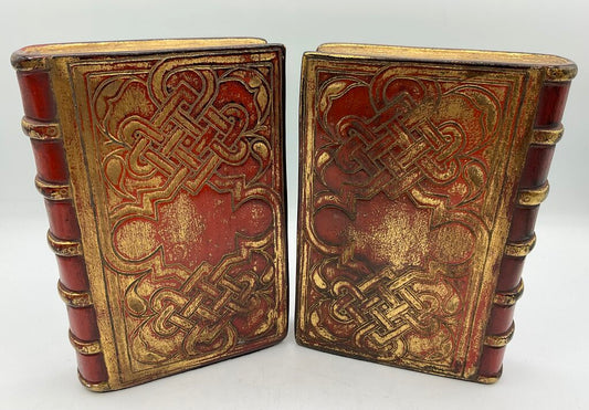 Pair of 2 Vintage Borghese Plaster Gilded Book Bookends 7.5” Tall /s