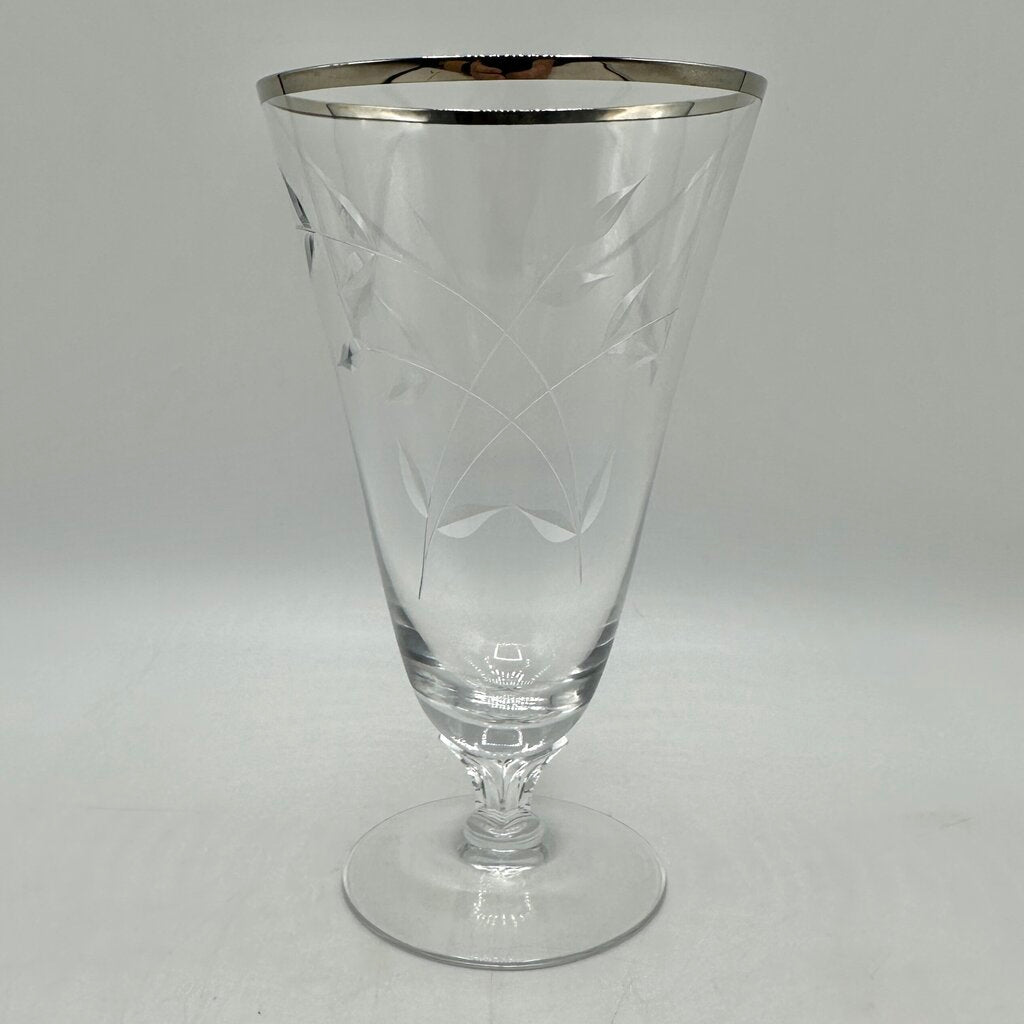 Set Of 4 Vintage Fostoria Bridal Belle Iced Tea Glasses Cut Leaves Platinum Trim Stem 6072 /cb