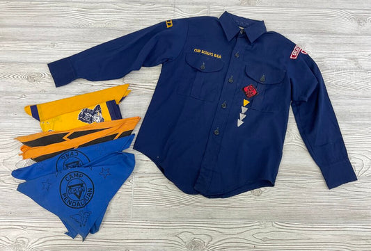 Vintage Boy Scout of America Cub Scout Official Uniform Long Sleeve Shirt & 5 Bandanas - Camp Pendalouan, Michigan /s