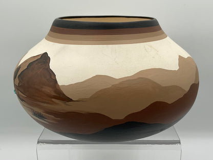 Vintage Studio Art Pottery - Native American Vase - Painted Wagon, Cactus, Mountains - Signed “PG” /s