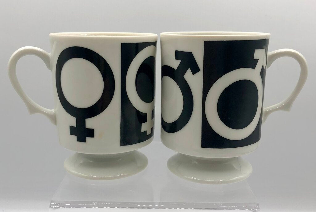 Vtg. 1970s MOD Male/Female Symbol Mug Set /b