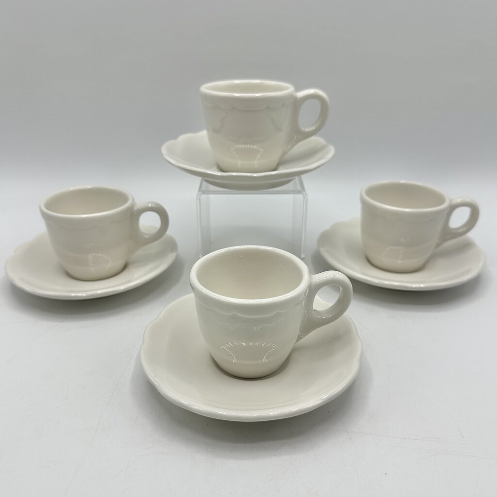 Four Vintage Buffalo China Restaurantware Demitasse & Saucer Sets White Scalloped Rim /cb