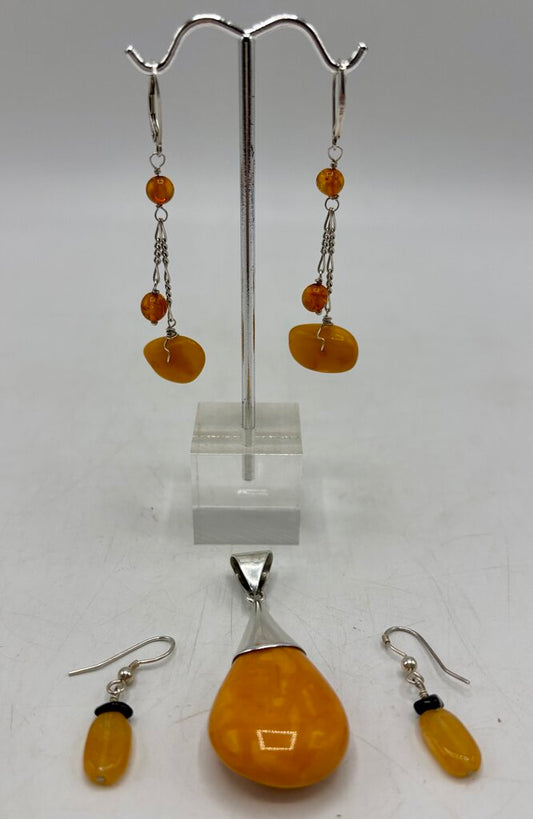 Natural Butterscotch Egg Yolk Amber Silver Pendant & 2 Pair Earrings /j