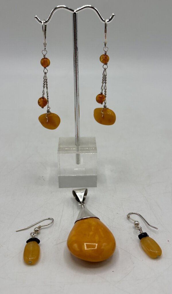 Natural Butterscotch Egg Yolk Amber Silver Pendant & 2 Pair Earrings /j