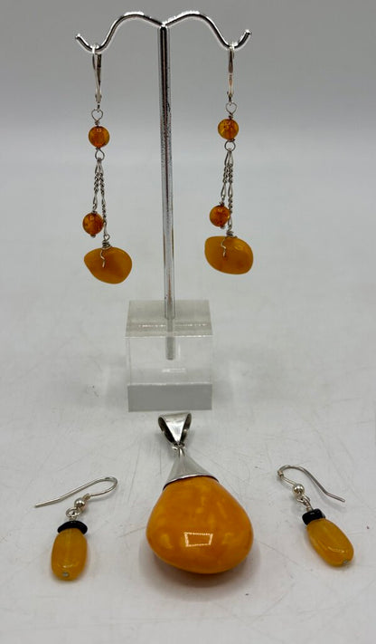 Natural Butterscotch Egg Yolk Amber Silver Pendant & 2 Pair Earrings /j
