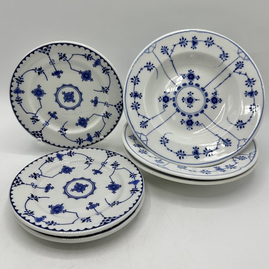 Vintage Shenango Restaurantware 3 Rim Dessert Bowls & 3 Bread Plates/Saucers Blue and White Florals /cb