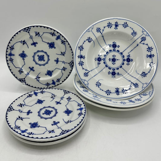 Vintage Shenango Restaurantware 3 Rim Dessert Bowls & 3 Bread Plates/Saucers Blue and White Florals /cb