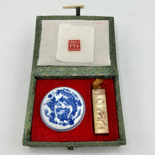 Vintage Chinese Carved Soapstone Seal Stamp Set “Carole” In Decorative Box /cb