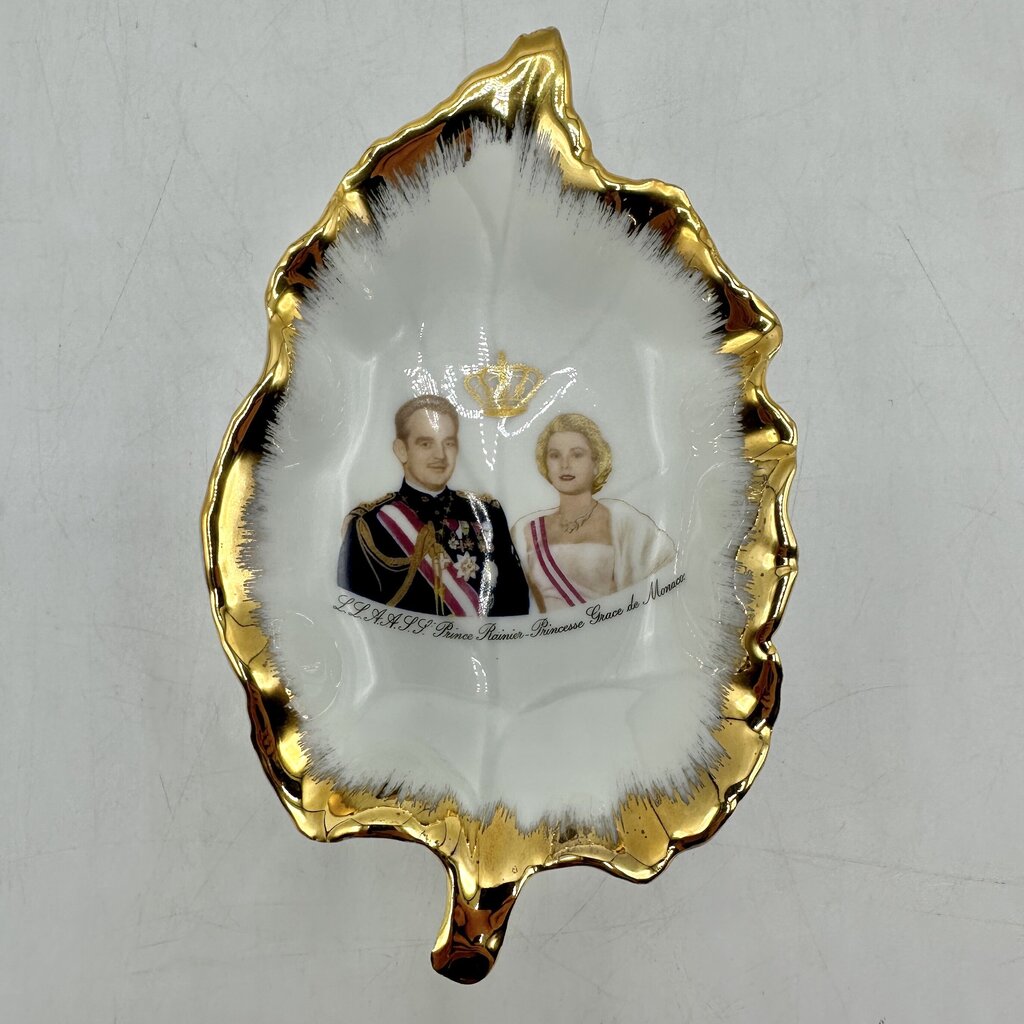 Vintage Limoges Prince Rainier & Princess Grace of Monaco Leaf Shaped Porcelain Trinket Dish /cb