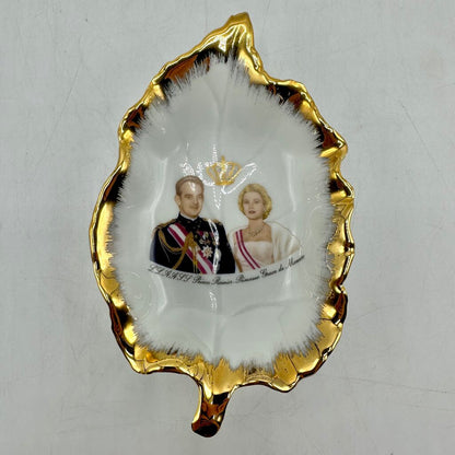 Vintage Limoges Prince Rainier & Princess Grace of Monaco Leaf Shaped Porcelain Trinket Dish /cb
