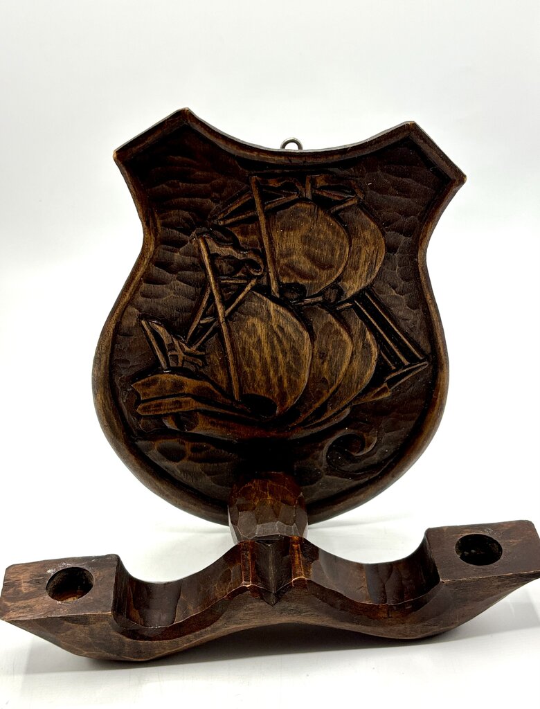 Vtg. Pair of Hand Carved Wooden Candle Sconce Nautical Theme /j