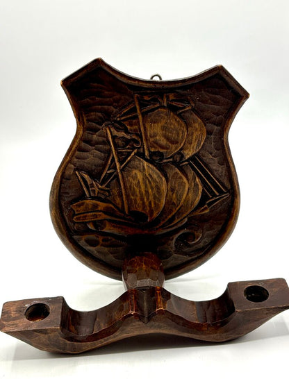 Vtg. Pair of Hand Carved Wooden Candle Sconce Nautical Theme /j