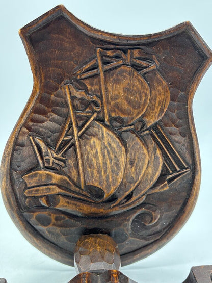 Vtg. Pair of Hand Carved Wooden Candle Sconce Nautical Theme /j