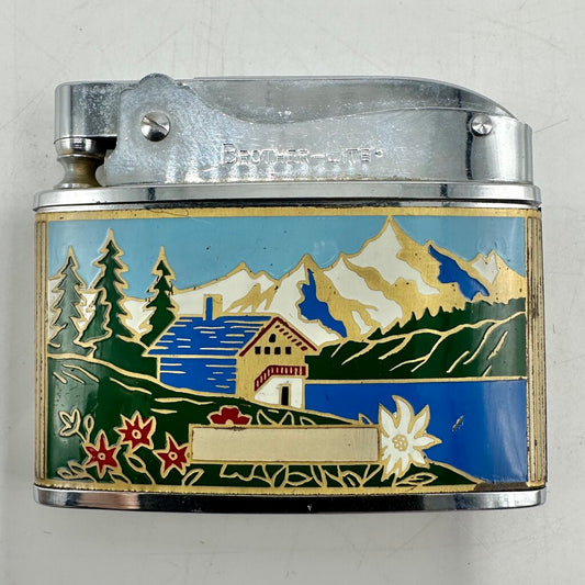 Vintage Brother-Lite Switzerland Souvenir Automatic Super Lighter Swiss Alps Enamel Art /cb