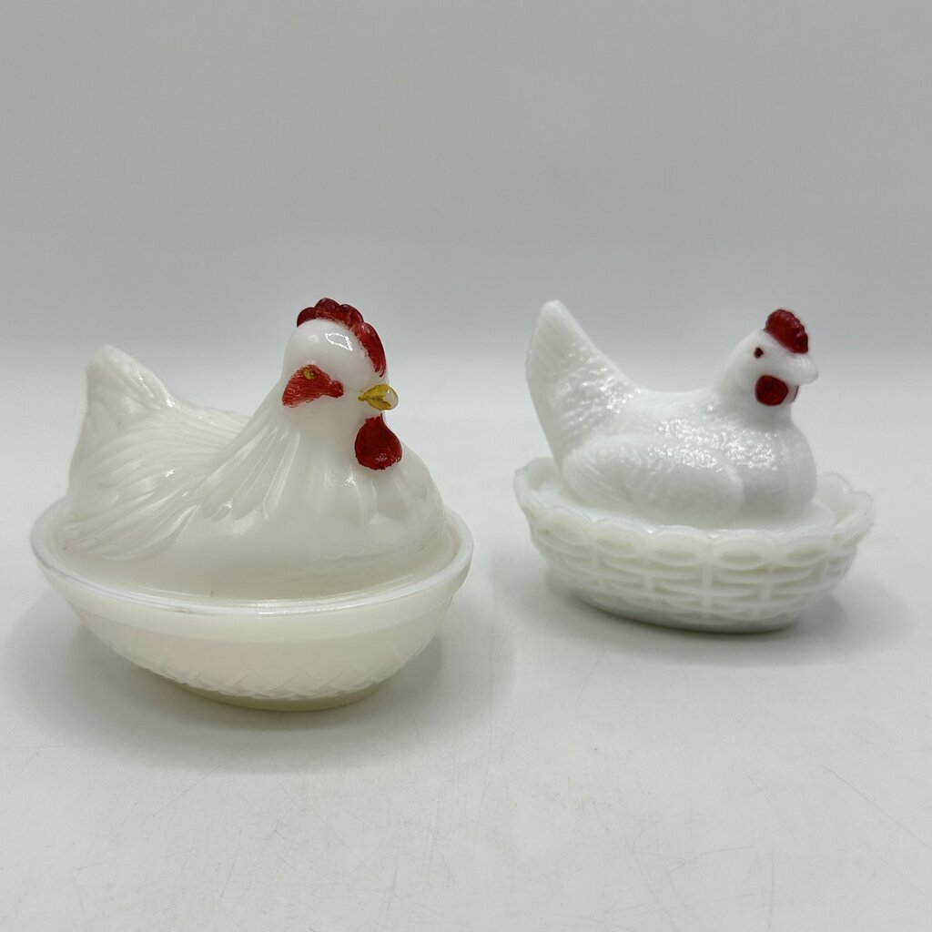 Vintage Set Of 2 Small Milk Glass Hen On Nest Dishes Westmoreland & Hazel Atlas /cb