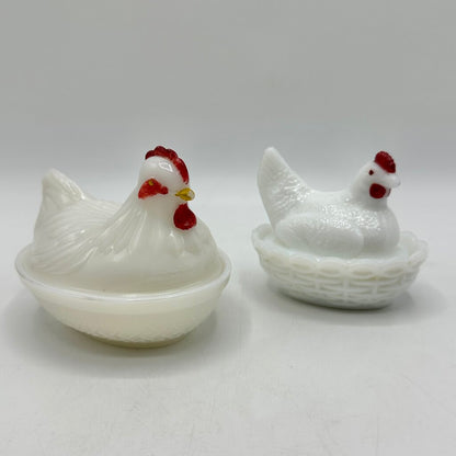Vintage Set Of 2 Small Milk Glass Hen On Nest Dishes Westmoreland & Hazel Atlas /cb