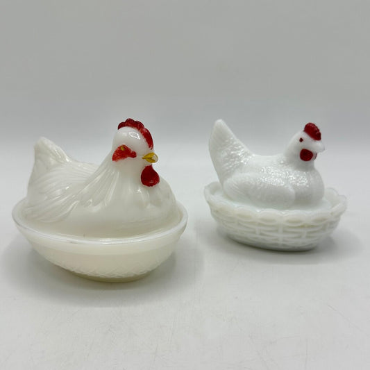 Vintage Set Of 2 Small Milk Glass Hen On Nest Dishes Westmoreland & Hazel Atlas /cb