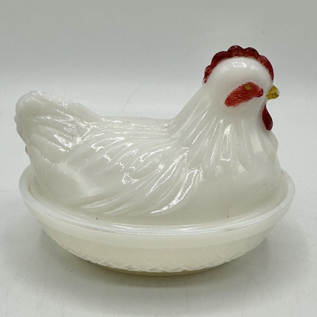 Vintage Set Of 2 Small Milk Glass Hen On Nest Dishes Westmoreland & Hazel Atlas /cb