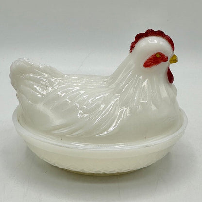 Vintage Set Of 2 Small Milk Glass Hen On Nest Dishes Westmoreland & Hazel Atlas /cb