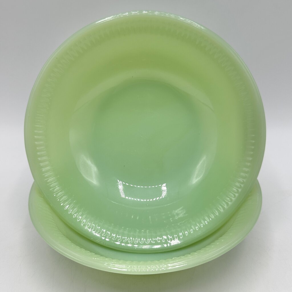 Vintage Set of 2 Anchor Hocking Fire King Oven Ware Jane Ray Jadeite 6” Cereal/Soup Bowls /cb