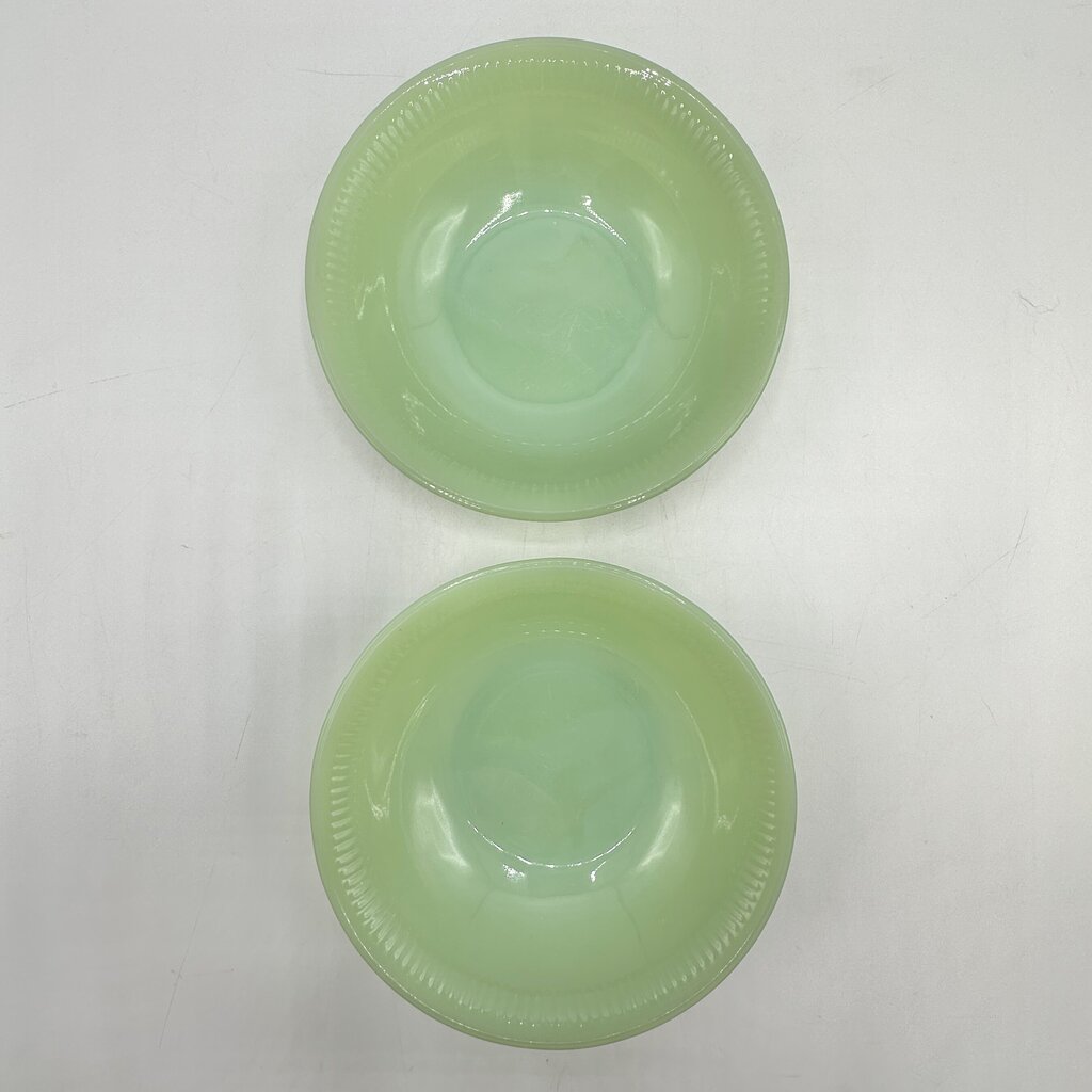 Vintage Set of 2 Anchor Hocking Fire King Oven Ware Jane Ray Jadeite 6” Cereal/Soup Bowls /cb