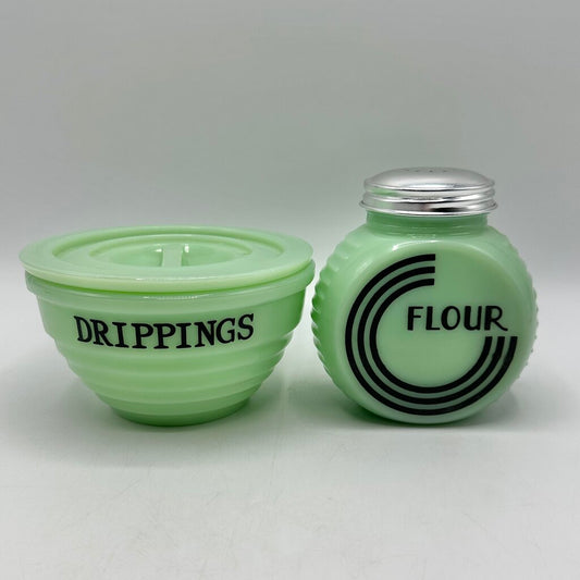 Vintage Mid Century Jadeite Drippings Bowl & Flour Shaker /cb