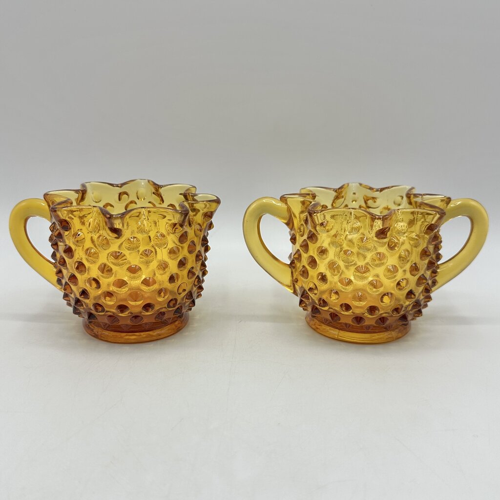 Vintage Fenton Colonial Amber Hobnail Full Star Sugar Bowl & Creamer Set /cb