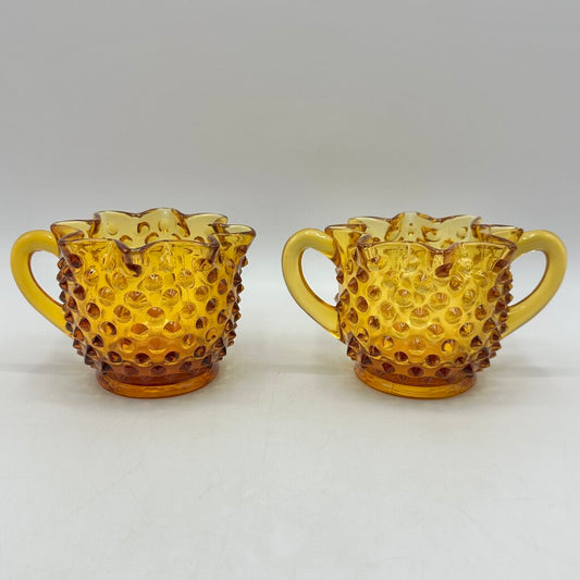 Vintage Fenton Colonial Amber Hobnail Full Star Sugar Bowl & Creamer Set /cb