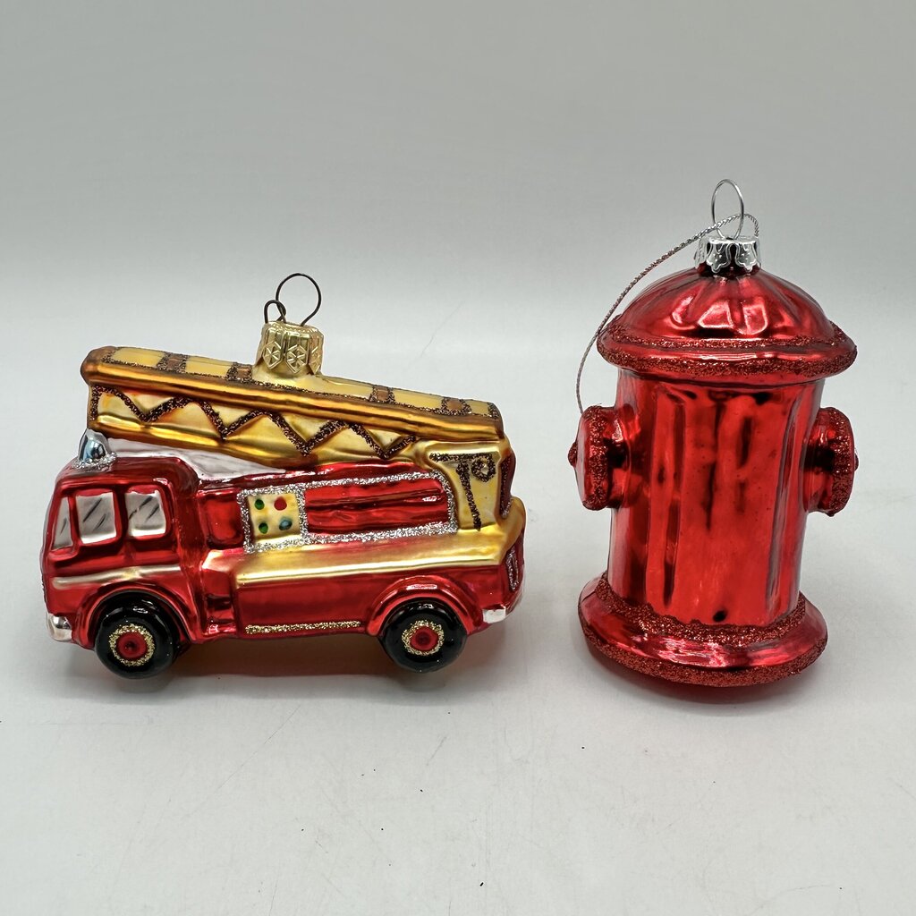 Vintage Fire Truck & Fire Hydrant Blown Glass Christmas Ornaments /cb