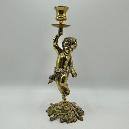 Vintage Brass Cherub Figural Candlestick Holder-11”Taper Candle Holder /cb