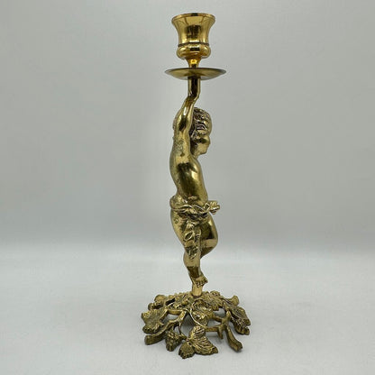 Vintage Brass Cherub Figural Candlestick Holder-11”Taper Candle Holder /cb