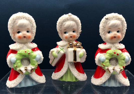Vintage 1950’s Trio of Enesco Christmas Girls Figurines /b