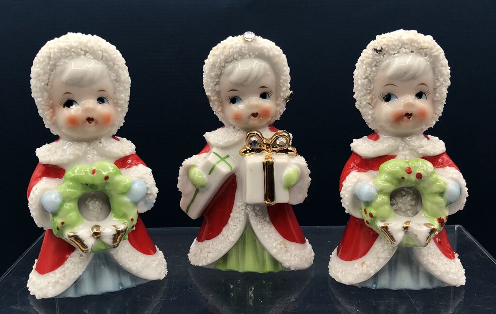 Vintage 1950’s Trio of Enesco Christmas Girls Figurines /b