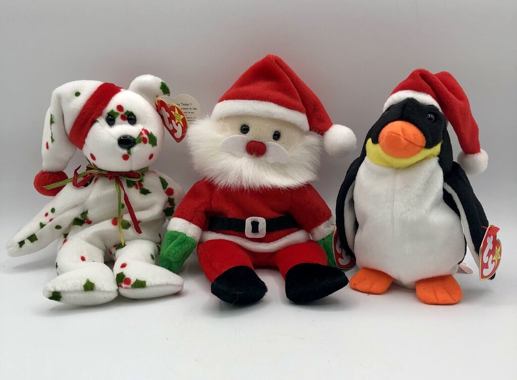 1998 Trio of Christmas Beanie Babies Teddy/ Santa/ Penguin /b