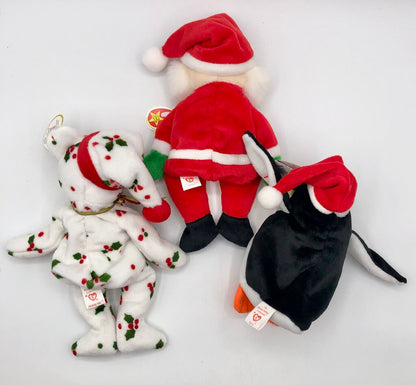 1998 Trio of Christmas Beanie Babies Teddy/ Santa/ Penguin /b