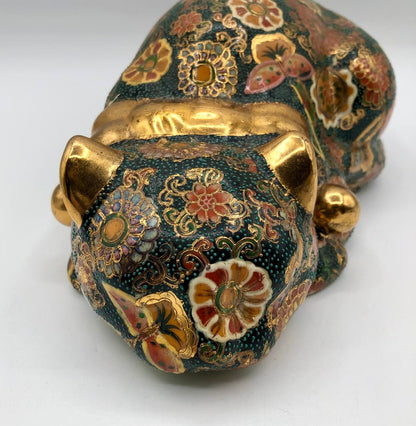 1970’s Chinese Satsuma Moriage Sleeping Cat Porcelain Figurine /b