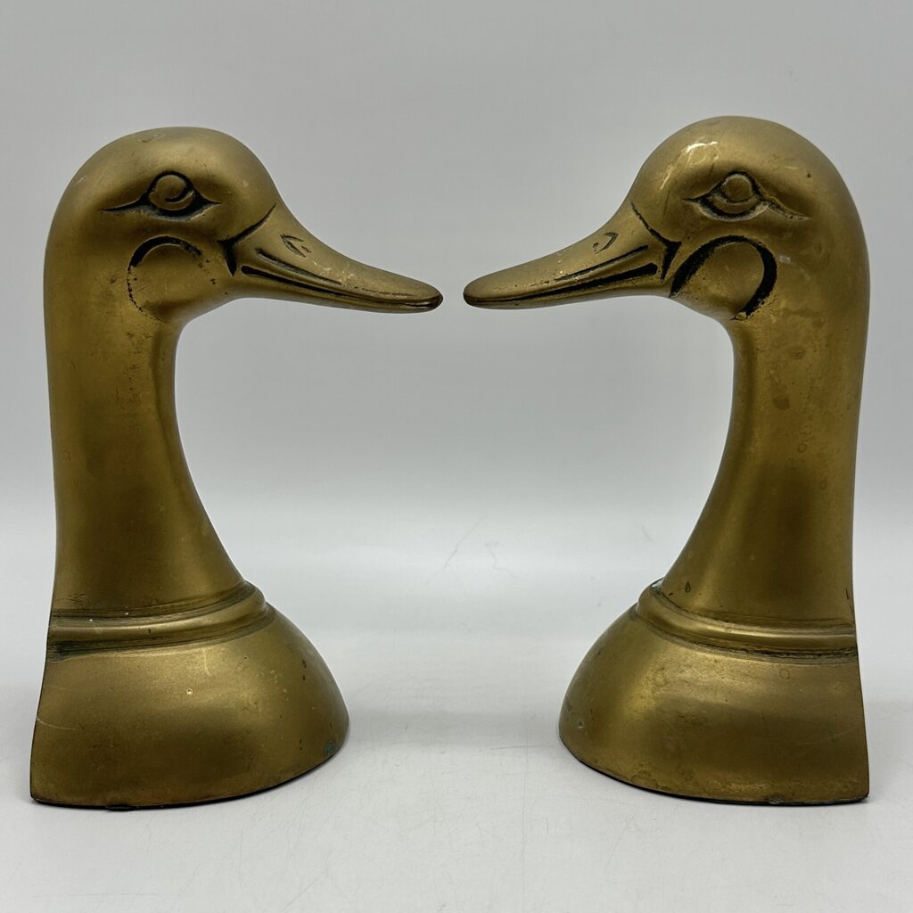 Vintage Mid-Century Cast Brass Mallard Duck Head Bookends Made in Korea /cb