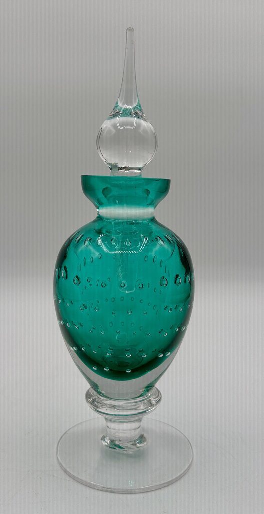 Teal Green Perfume Bottle w Stopper Controlled Bubbles /j