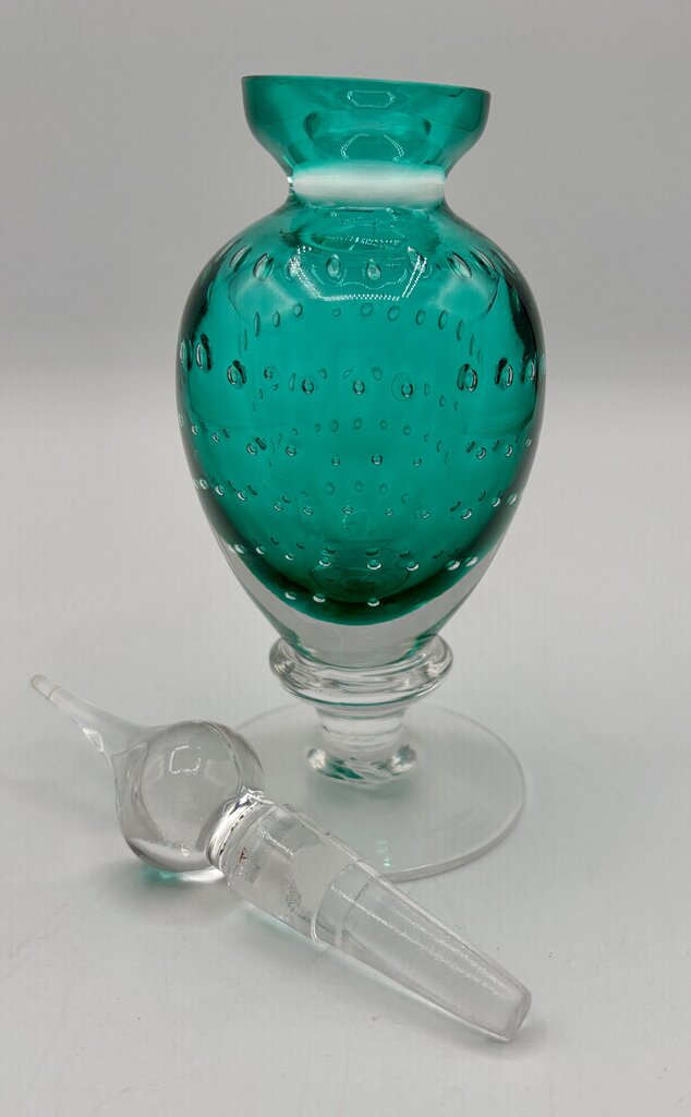 Teal Green Perfume Bottle w Stopper Controlled Bubbles /j