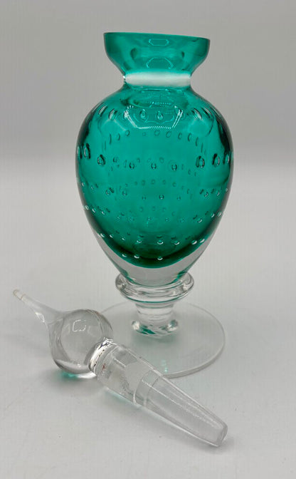 Teal Green Perfume Bottle w Stopper Controlled Bubbles /j