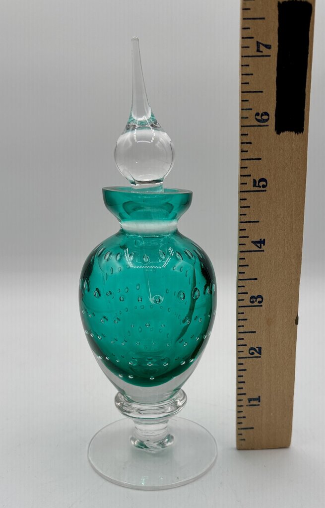 Teal Green Perfume Bottle w Stopper Controlled Bubbles /j