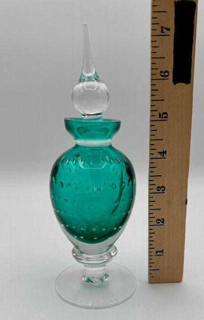 Teal Green Perfume Bottle w Stopper Controlled Bubbles /j
