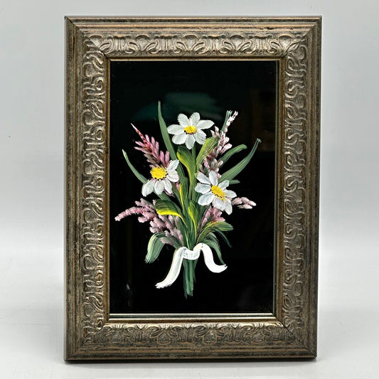 Vintage Hand Painted Decorative Framed Mirror Floral Daisies /cb
