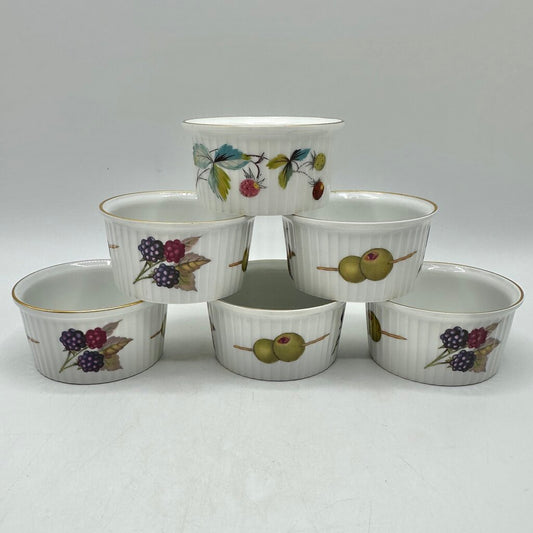 Vintage Set Of 6 Royal Worcester Ramekins 5 Evesham & 1 Strawberry Fair Shape 48 Size 00 Made In England /cb