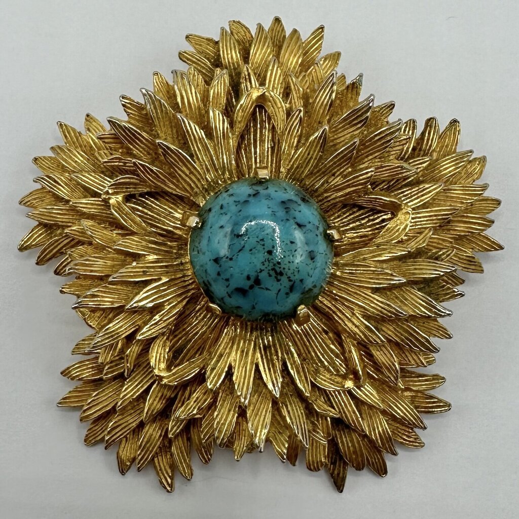 Vintage Benedikt NY Brutalist Faux Turquoise Gold Tone Starburst Brooch/Pendant Signed /cb