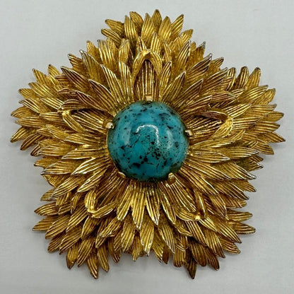 Vintage Benedikt NY Brutalist Faux Turquoise Gold Tone Starburst Brooch/Pendant Signed /cb