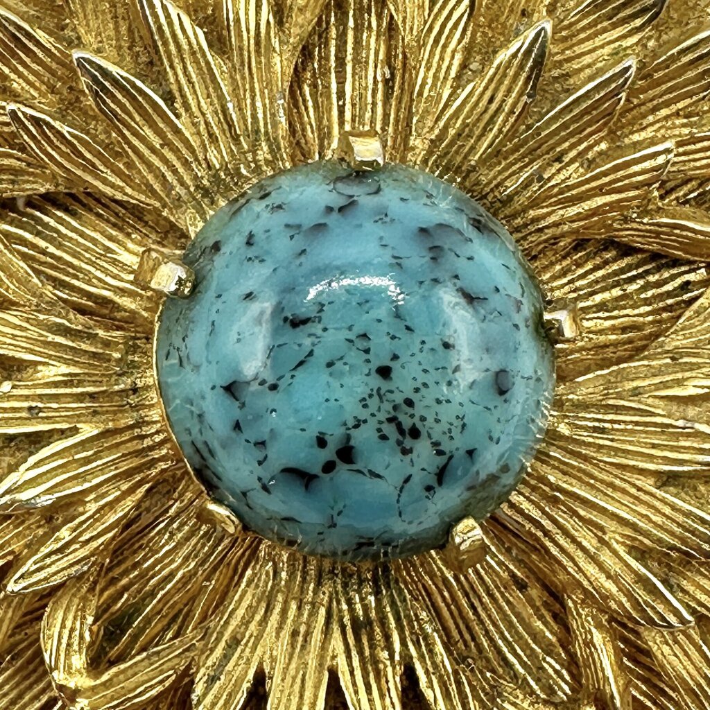 Vintage Benedikt NY Brutalist Faux Turquoise Gold Tone Starburst Brooch/Pendant Signed /cb